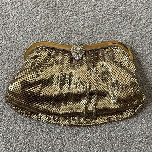 Vintage Whiting And Davis Co. Mesh Clutch Purse with Rhinestone Clasp Gold